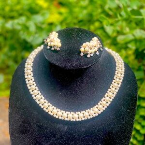 Signed SHB Vintage Faux Pearl Necklace + Vintage Clip-on Earrings Dangle